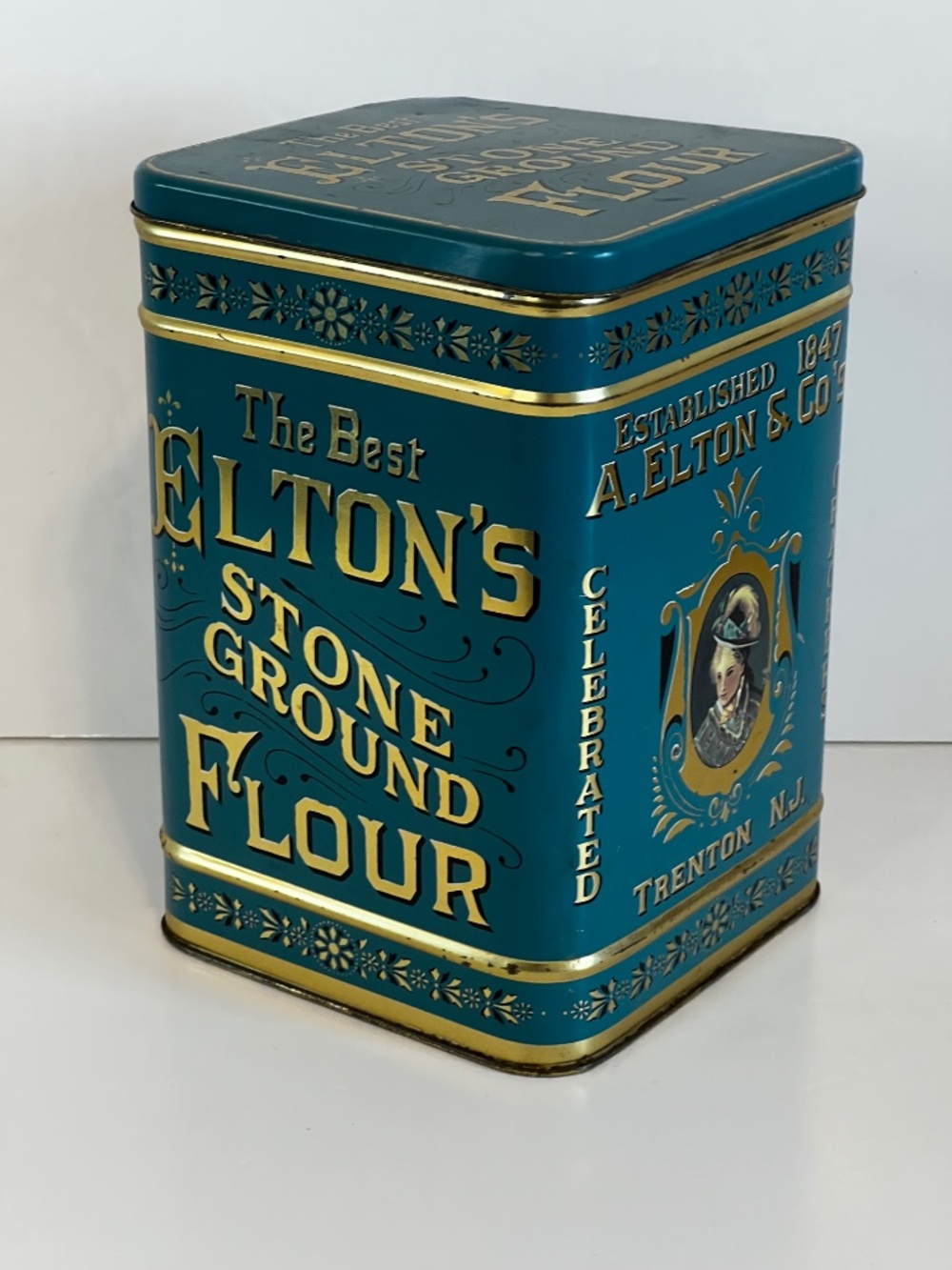 Vintage Elton’s Flour Tin 8.5" Tall Advertising Metal Harry’s Grocery England